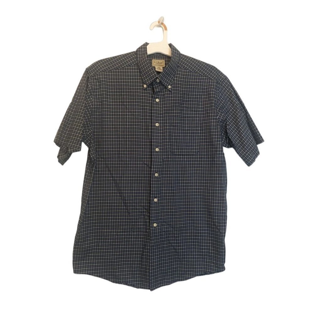 L.L.Bean Men's Cotton Blue Plaid Short Sleeve Wrinkle Resistant Shirt Large